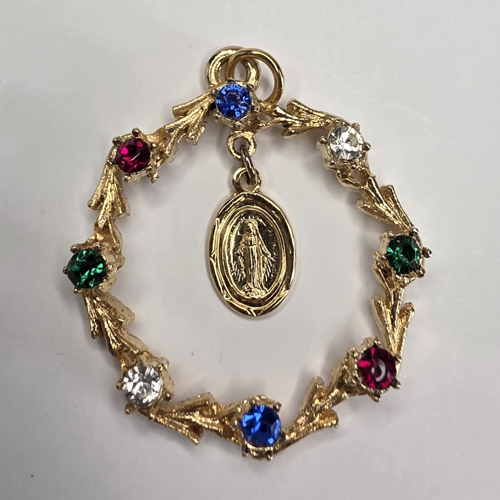 Virgin Mary Miraculous Medal With Gemstones Vintage Goldtone Pendant